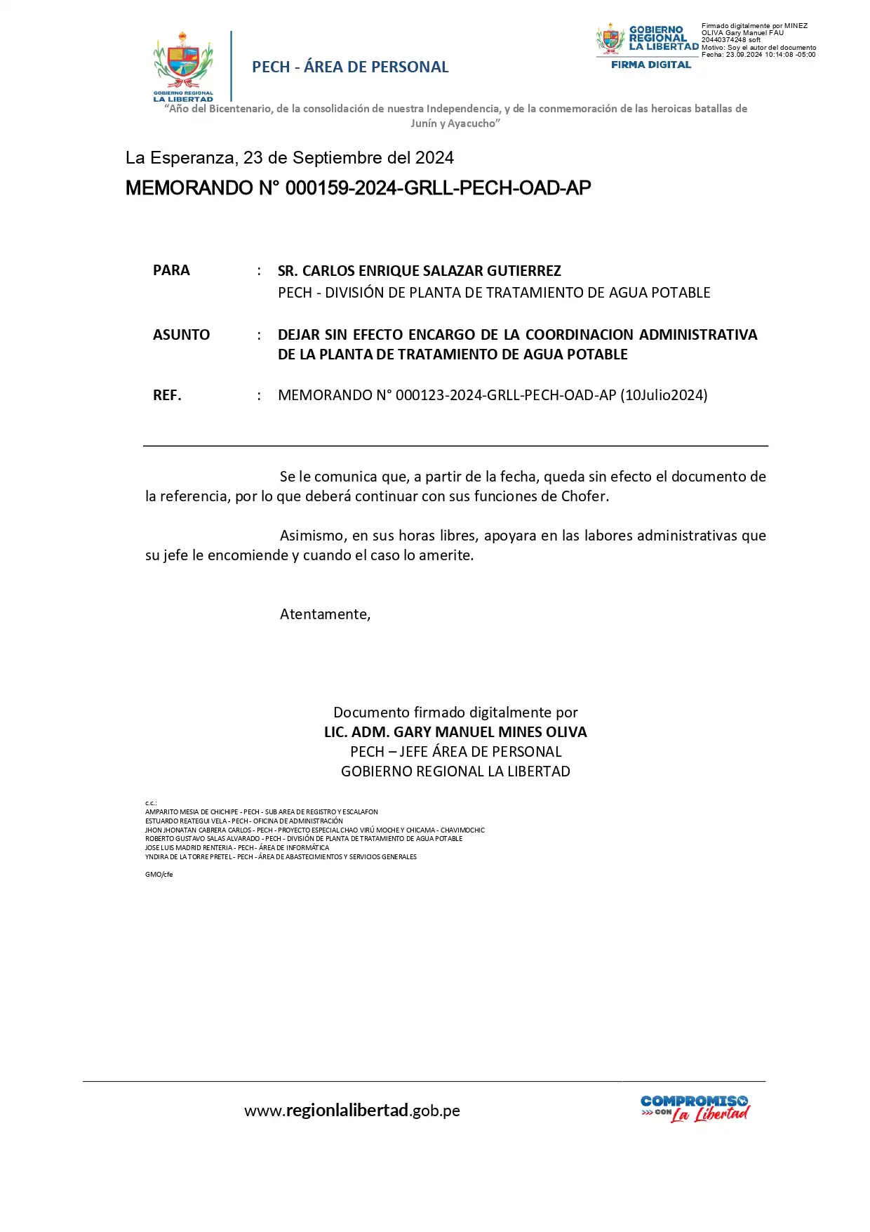 Este es el memorando a través del cual el PECh retira del cargo a Carlos Salazar Gutiérrez, luego de casi dos meses y medio. 