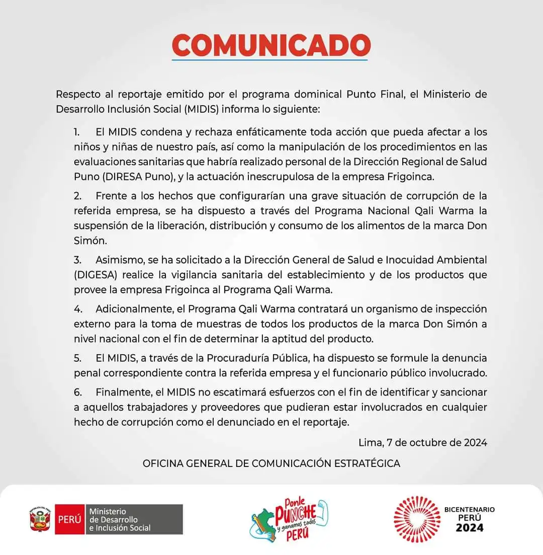 Este es el comunicado del Midis anunciando acciones legales contra empresa Frigoinca tras denuncia periodística.