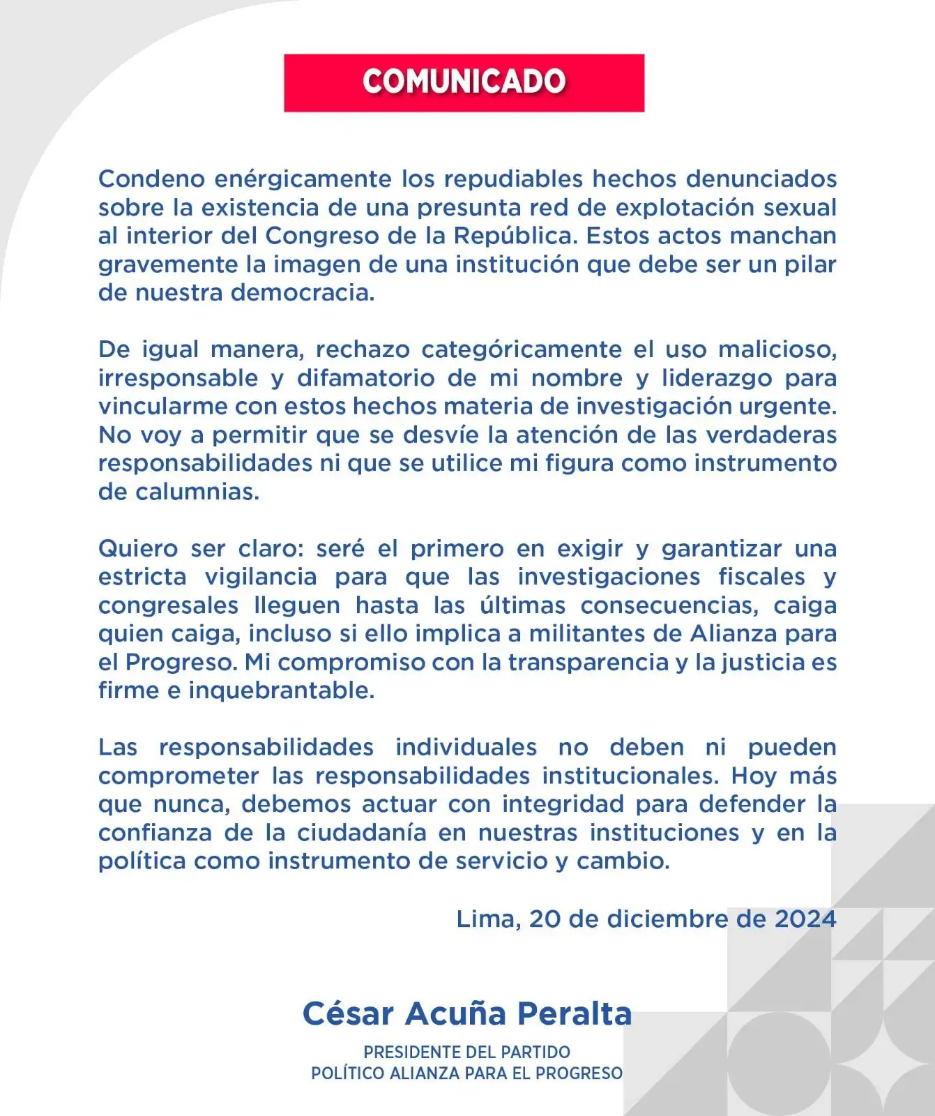 Este es el comunicado de Acuña como presidente de APP.