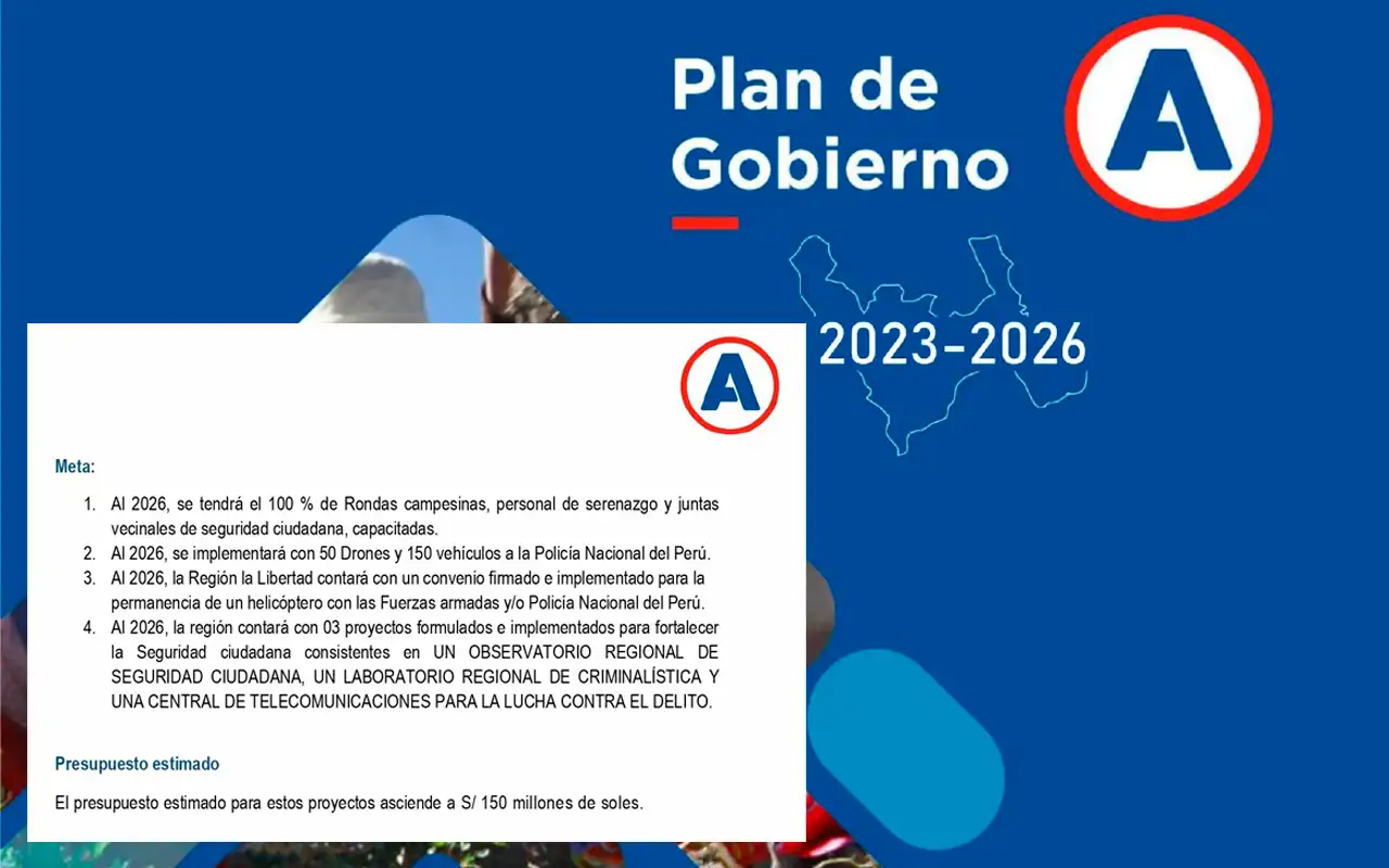 Estas son las metas que la gestión del gobernador regional de La Libertad se comprometió a concretar en seguridad ciudadana hasta el final de su gestión en el 2026. El documento se encuentra en la plataforma del Jurado Nacional de Elecciones (JNE).