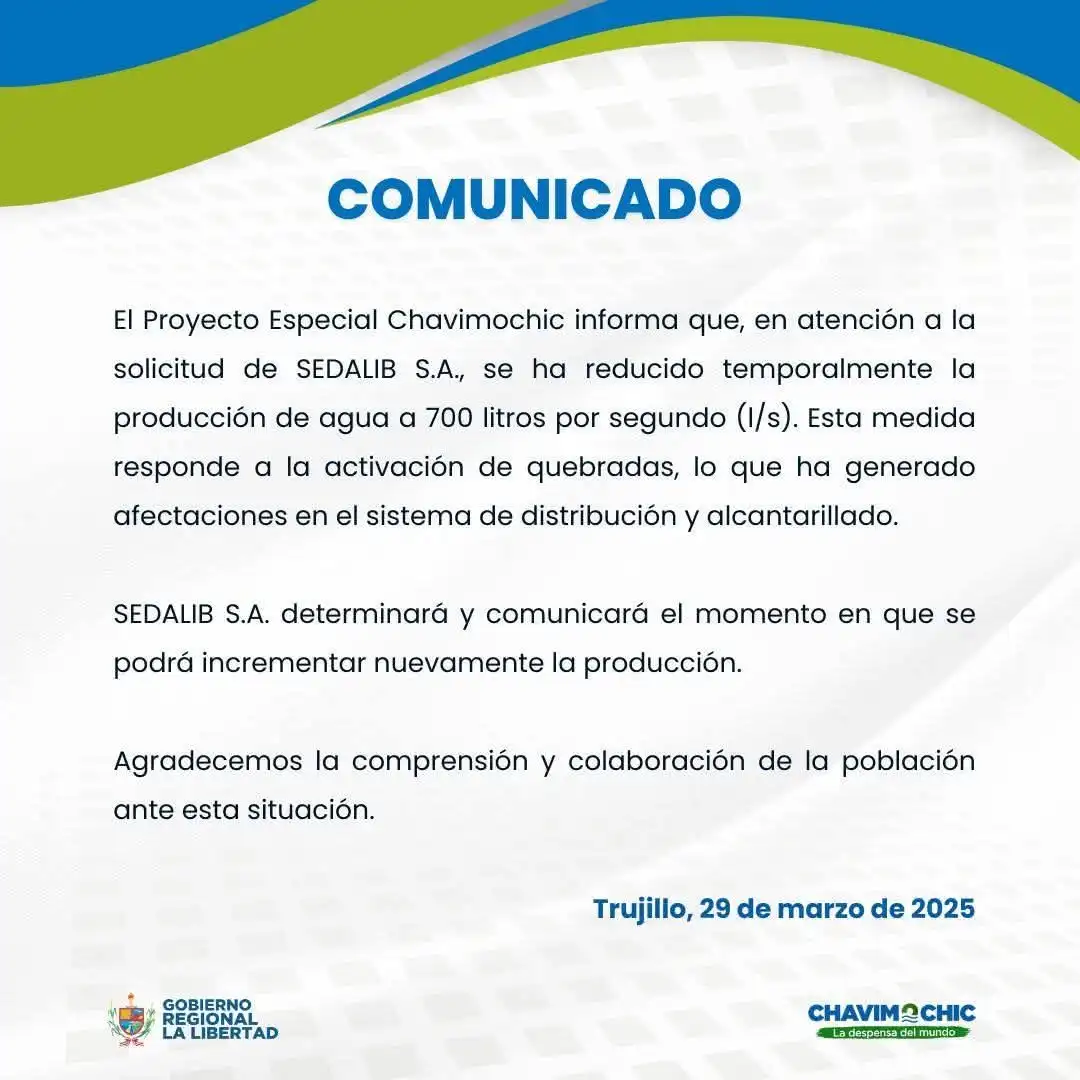 Comunicado de Chavimochic.
