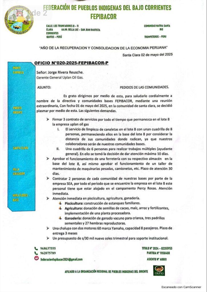 loreto: comunidades indígenas de lote 8 ponen condiciones a upland oil gas