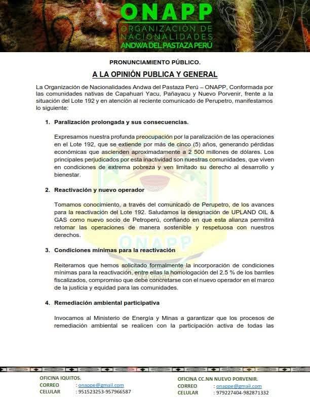 comunidades piden reunión por activación del lote 192