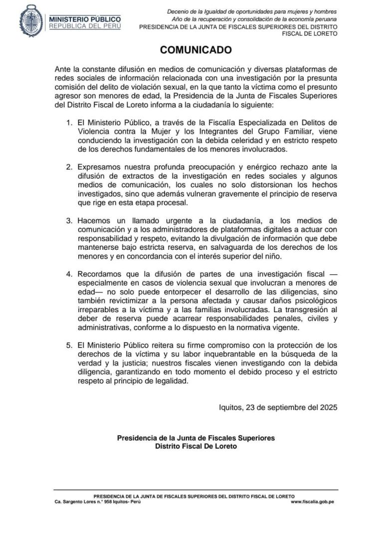 loreto: fiscalía rechaza filtración de investigación por abuso sexual