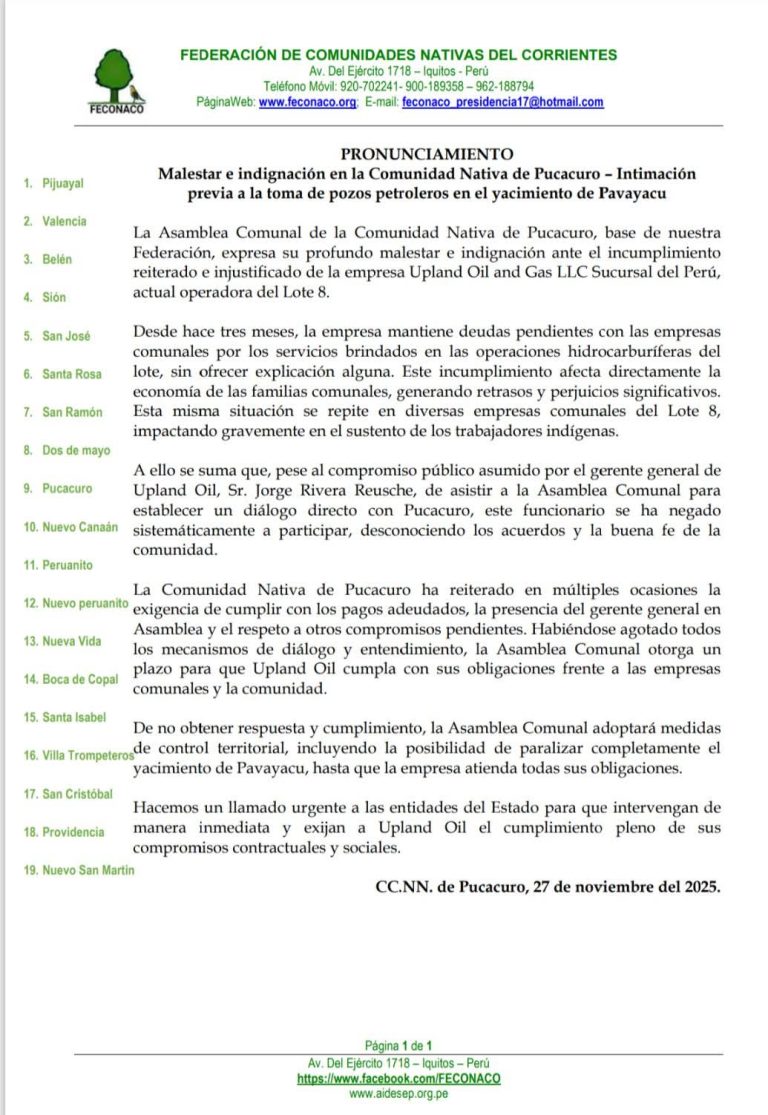 loreto: comunidades del corrientes advierten toma de pozos petroleros por deuda