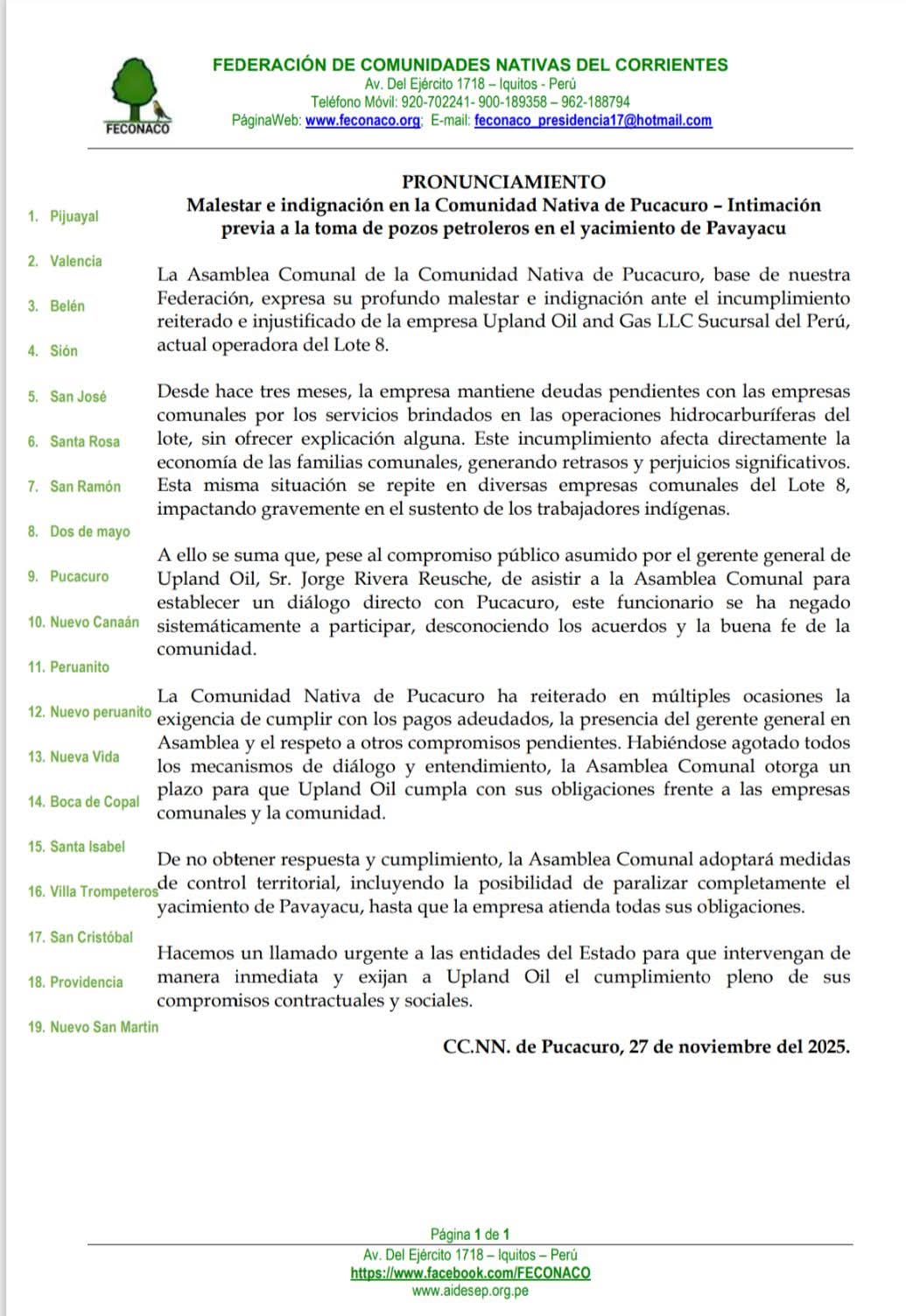 Loreto: Comunidades del Corrientes advierten toma de pozos petroleros por deuda