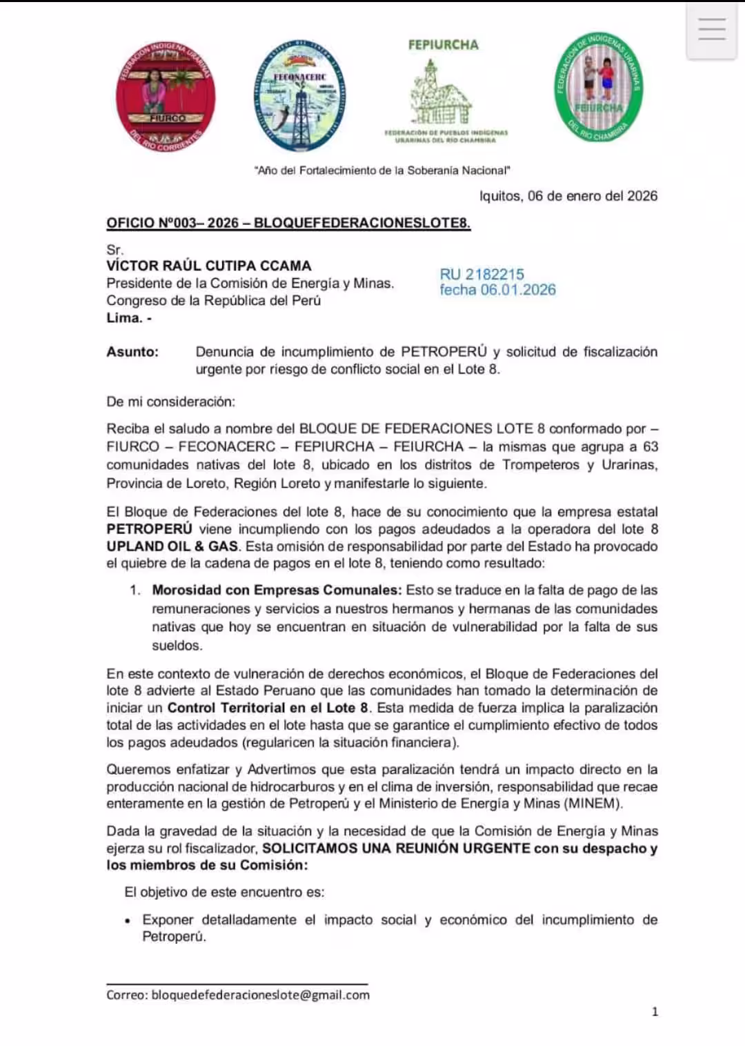 Paralizan lote 8 por incumplimientos de Petroperú