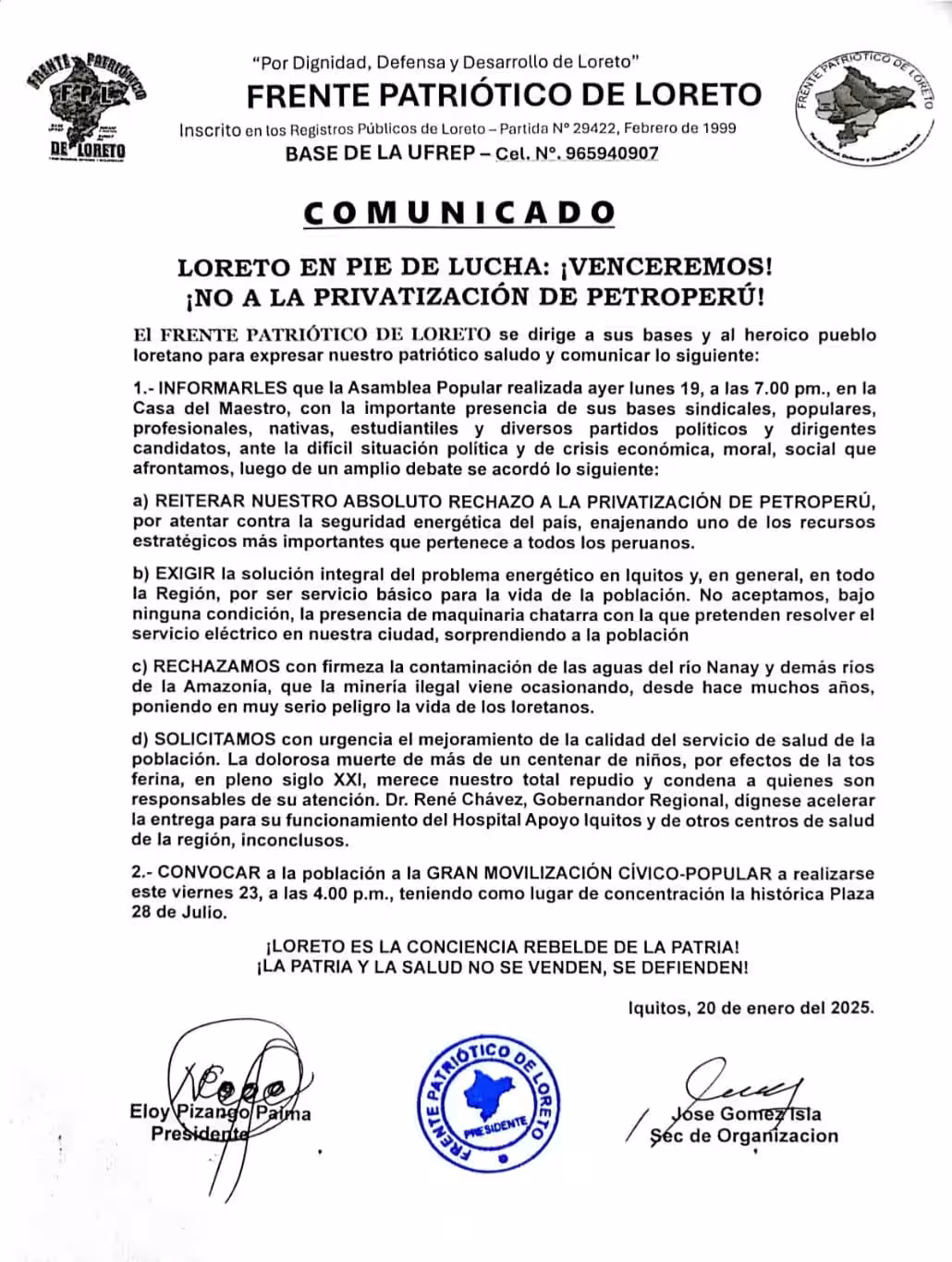 Loreto: Convocan movilización contra privatización de Petroperú