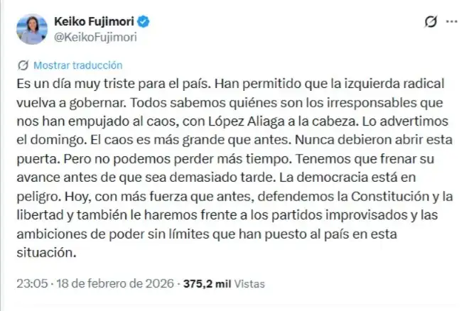 Este es el tweet que escribió Keiko Fujimori en su cuenta oficial de X tras conocerse la elección de José María Balcázar como nuevo presidente encargado del Perú.