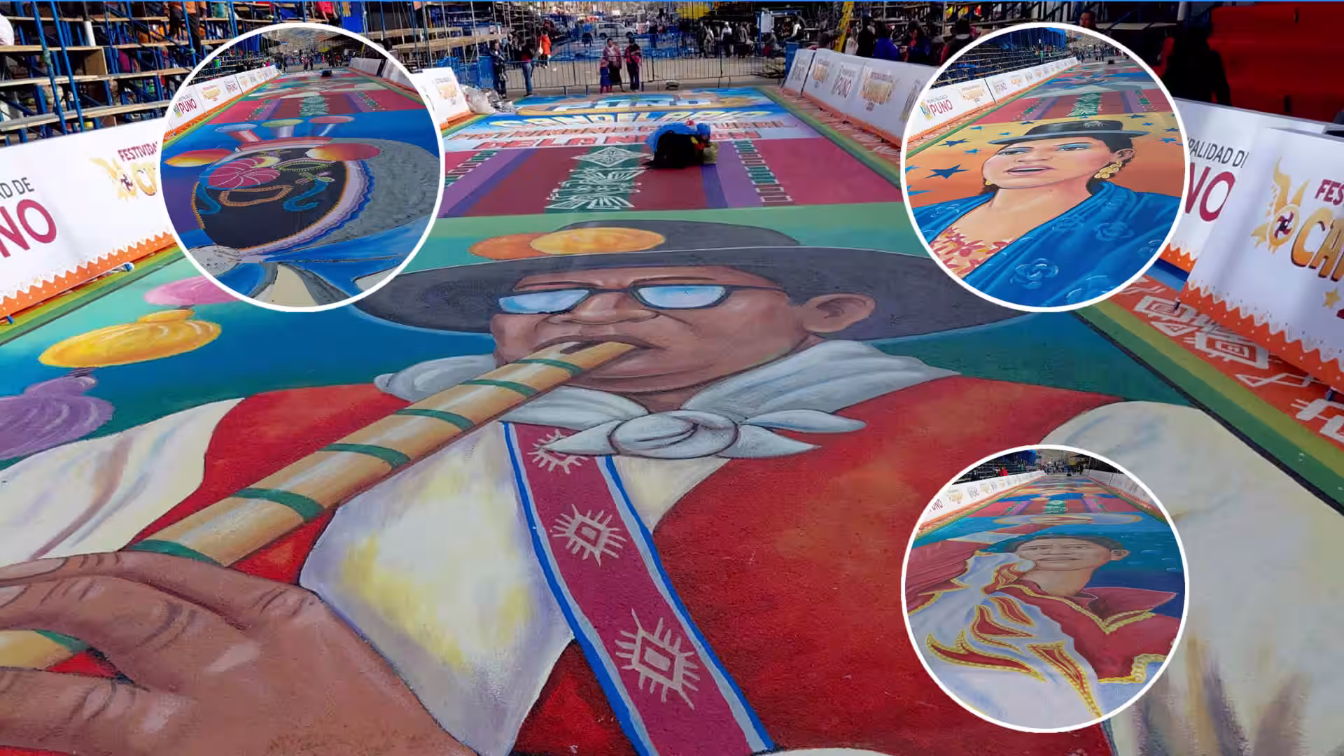 más de 400 metros ruta de la parada y veneración de la festividad virgen de la candelaria han sido pintados por artistas plásticos