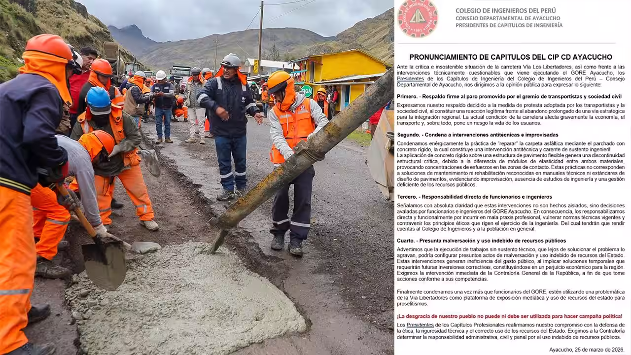 Colegio de Ingenieros cuestionan trabajos del GORE en la vía los Libertadores y advierten que podrían empeorar la carretera