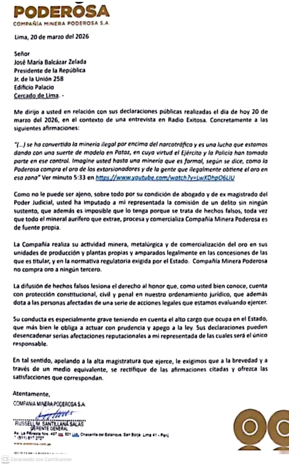 Carta de Minera Poderosa dirigida al presidente de la república José Balcázar.