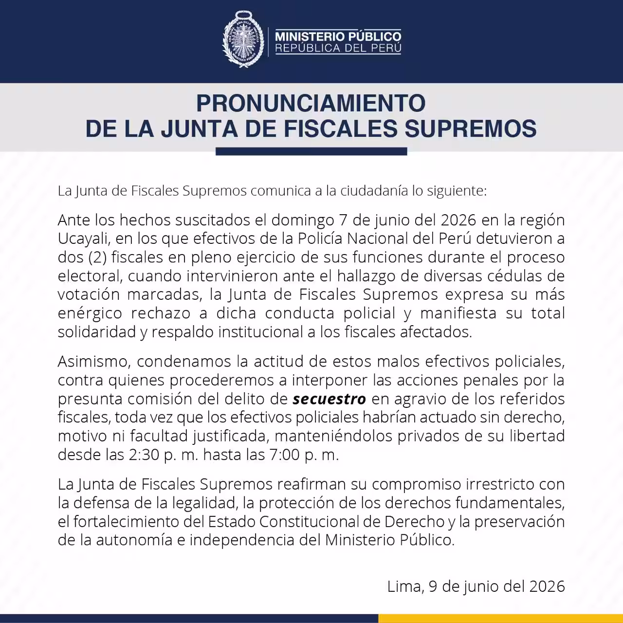 Elecciones 2026: Rechazan detención de magistrados en Ucayali