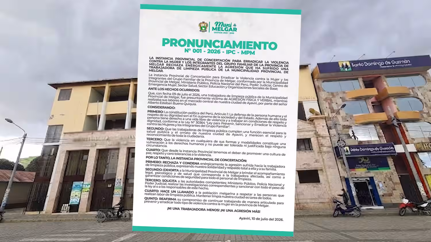 Melgar: Instancia Provincial rechaza agresión a trabajadora de limpieza en Ayaviri