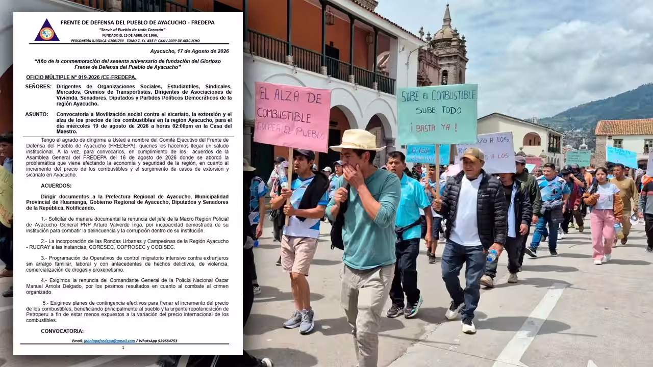 FREDEPA convoca a movilización en Ayacucho contra el sicariato, la extorsión y el alza de combustibles
